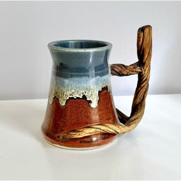 Studio Other - Art Pottery Mug 3D Tree Branch Handle Handmade Signed Cup 5” Drip Glaze Baker